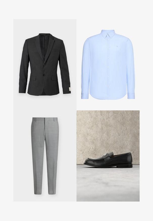 Blazer noir pour homme à deux boutons avec revers en cranté, poches à rabat sur le devant et une poche poitrine passepoilée, présenté sur un fond clair.; Chemise habillée pour homme à manches longues de couleur bleu clair avec des rayures verticales subtiles, col standard, boutonnage sur le devant et petit logo brodé sur la poitrine.; Pantalon de costume gris clair sur mesure avec passants de ceinture, devant plat et coupe droite sur fond blanc.; Mocassin en cuir noir avec une plaque de marque en métal reposant près d'une table ronde marron sur un sol recouvert de moquette beige.