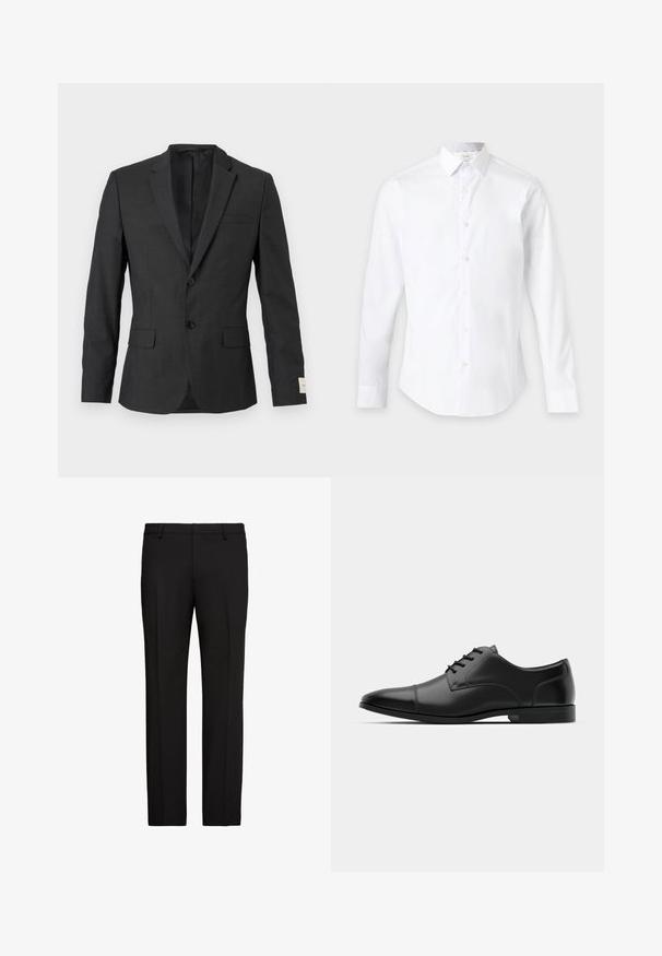 Blazer noir pour homme à deux boutons avec revers en cranté, poches à rabat sur le devant et une poche poitrine passepoilée, présenté sur un fond clair.; Chemise blanche à manches longues avec boutons et col classique, présentée sur un fond clair uni.; Pantalon formel noir avec passants de ceinture, pli de couture à l'avant et coupe droite, sur fond blanc.; Chaussure habillée en cuir noir avec un bout arrondi, texture lisse, six œillets et une semelle noire basse. Présente une couture discrète sur le bout.