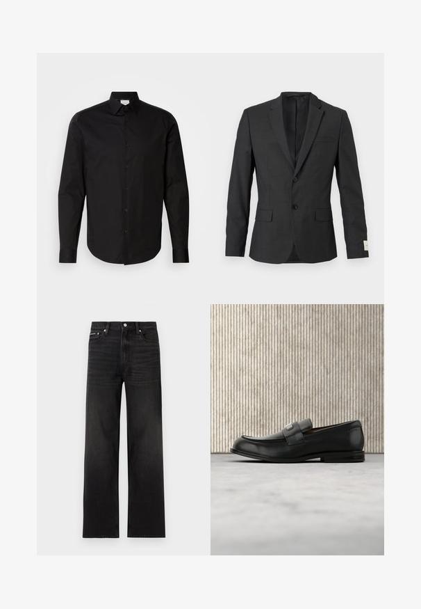 Blazer noir pour homme à deux boutons avec revers en cranté, poches à rabat sur le devant et une poche poitrine passepoilée, présenté sur un fond clair.; Chemise à manches longues noire avec boutons, fabriquée en coton lisse. Présente un col classique, des boutons sur le devant et un ourlet arrondi.; Jean noir droit avec cinq poches, passants pour ceinture et fermeture par bouton, présenté sur un fond blanc.; Mocassin en cuir noir avec une plaque de marque en métal reposant près d'une table ronde marron sur un sol recouvert de moquette beige.