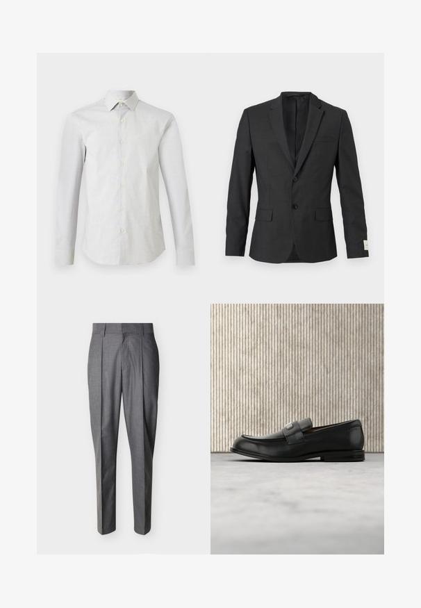 Blazer noir pour homme à deux boutons avec revers en cranté, poches à rabat sur le devant et une poche poitrine passepoilée, présenté sur un fond clair.; Chemise blanche à manches longues avec un motif subtil de petits pois, col classique et silhouette cintrée.; Pantalon de tailleur gris avec plis et passants pour ceinture, présenté à plat sur un fond blanc.; Mocassin en cuir noir avec une plaque de marque en métal reposant près d'une table ronde marron sur un sol recouvert de moquette beige.
