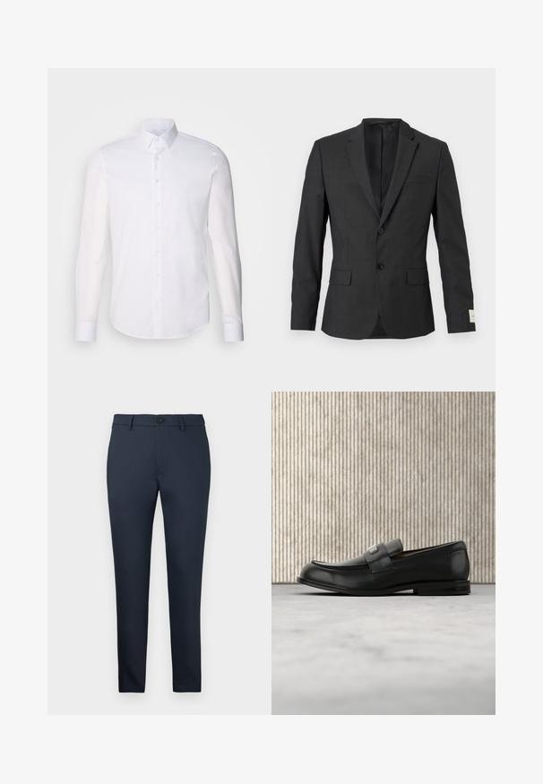 Sort herreblazer med to knapper, skråkrave, frontlommer med klapper og en brystlomme, vist mod en lys baggrund.; Hvid langærmet button-up skjorte lavet af bomuld, med en klassisk krave, frontknapper og minimal syning detalje.; Mørkeblå bukser lavet af et glat, tekstureret stof. Skræddersyet pasform med flad front, knaplukning og bæltestropper. Ingen synlige mønstre.; Sort læderloafer med metalbrandskilt hvilende nær et brunt rundt bord på beige tæppe.