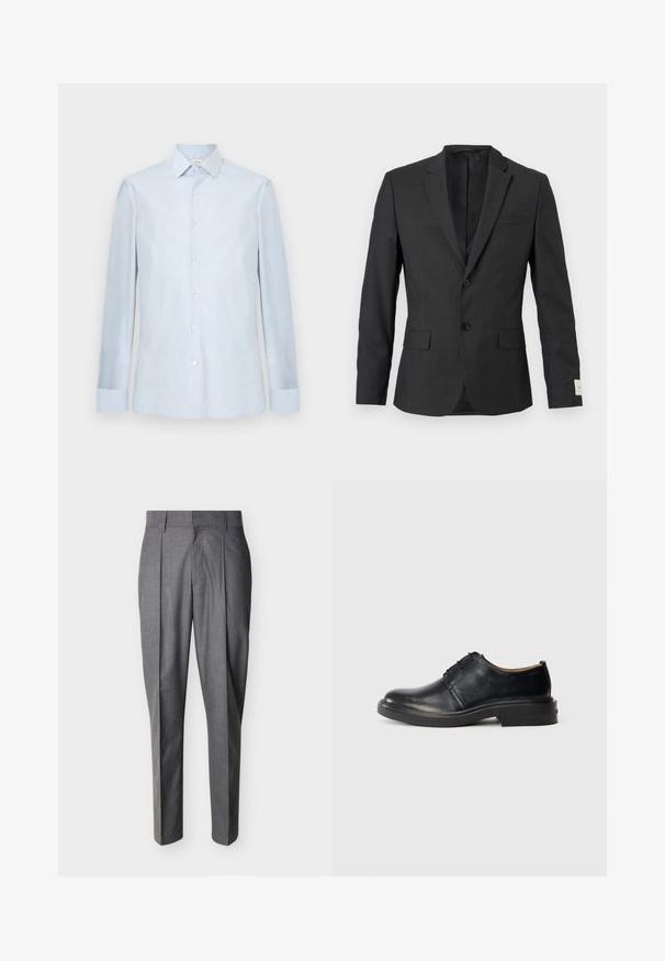 Blazer noir pour homme à deux boutons avec revers en cranté, poches à rabat sur le devant et une poche poitrine passepoilée, présenté sur un fond clair.; Chemise homme bleu clair à manches longues, fermeture boutonnée sur le devant, col pointu et motif à carreaux discret.; Pantalon de tailleur gris avec plis et passants pour ceinture, présenté à plat sur un fond blanc.; Chaussure oxford en cuir noir avec un bout rond, un laçage à l'avant et un petit talon empilé, sur fond clair.