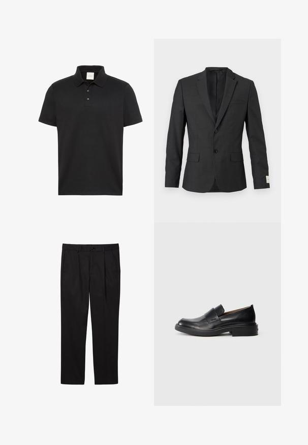 Blazer noir pour homme à deux boutons avec revers en cranté, poches à rabat sur le devant et une poche poitrine passepoilée, présenté sur un fond clair.; Polo noir à manches courtes avec col et trois boutons, arborant un discret logo Calvin Klein sur la poitrine.; Pantalons formels noirs pour hommes avec poches avant, passants pour ceinture, fermeture par bouton et coupe droite.; Chaussure habillée noire en cuir, à enfiler, avec un petit talon et un logo Calvin Klein discret sur le côté, présentée de profil sur un fond blanc.