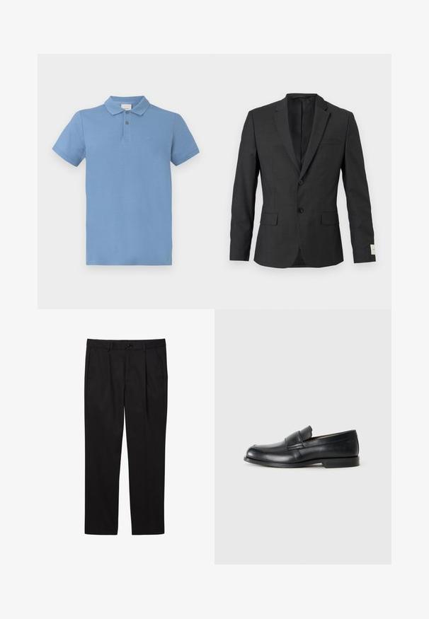 Schwarzer Herrenblazer mit zwei Knöpfen, Revers mit Kerb, vorderen Pattentaschen und einer Brustleistentasche, vor hellem Hintergrund präsentiert.; Hellblaues Poloshirt aus Baumwolle, mit einer Knopfleiste mit drei Knöpfen, kurzen Ärmeln und einem dezenten auf der Brust gestickten Logo.; Schwarze formelle Herrenhosen mit Fronttaschen, Gürtelschlaufen, Knopfverschluss und geradem Bein.; Schwarze Leder-Loeffler mit abgerundetem Zehenbereich, gesteppten Details und einer flachen Gummisohle. Verfügt über ein breites Band über dem Fußrücken.