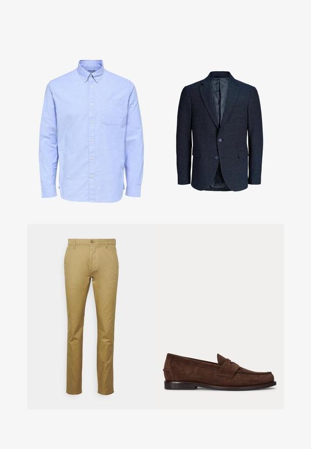 Blazer homme texturé bleu foncé avec revers crantés, deux boutons à l’avant, poches à rabat et doublure intérieure rayée.; Chemise bleu clair à manches longues boutonnée, avec un col boutonné et une seule poche poitrine sur le côté gauche.; Chino kaki en coton lisse, avec un design classique à jambe droite, une poche avant et une fermeture à un bouton à la taille.; Mocassin penny en daim marron avec un petit talon et des coutures visibles le long de l'orteil, du côté et à l'arrière, présenté sur un fond clair uni.