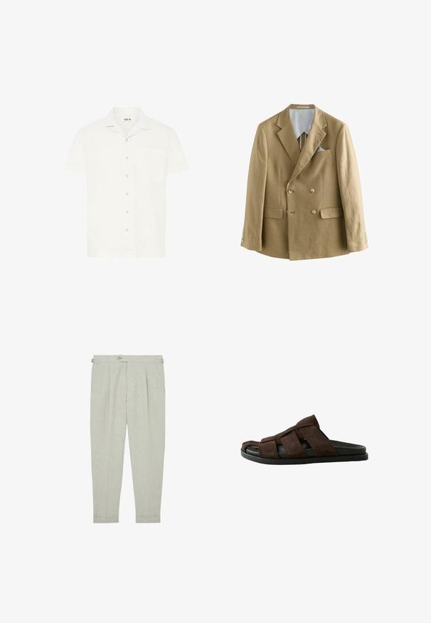 Veste à double boutonnage en lin marron clair, avec des revers à cranter et deux poches avant. Comprend des détails de boutons et une doublure intérieure contrastante.; Chemise blanche à manches courtes et col, avec une poche, présentant des détails de col contrastants et une texture subtile, fermée par des boutons sur le devant.; Pantalon gris clair sur mesure avec un motif à carreaux subtil, des boucles de réglage latérales, des plis à l'avant et des jambes fuselées sur fond blanc.; Sandale à enfiler en suède marron avec larges brides croisées, semelle noire rembourrée, bout ouvert et talon bas, idéale pour un usage décontracté.