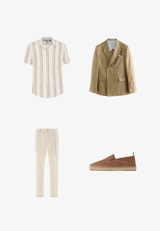Veste à double boutonnage en lin marron clair, avec des revers à cranter et deux poches avant. Comprend des détails de boutons et une doublure intérieure contrastante.; Chemise à manches courtes, boutonnière, de couleur crème clair avec des rayures verticales brunes et jaune pâle. Tissu doux avec une coupe décontractée et un col.; Pantalon beige sur mesure avec passants de ceinture, fermeture à boutons à l'avant et coupe droite.; Espadrille en toile marron à enfiler avec semelle en jute tressé et petite languette en tissu au talon, présentée sur fond blanc.