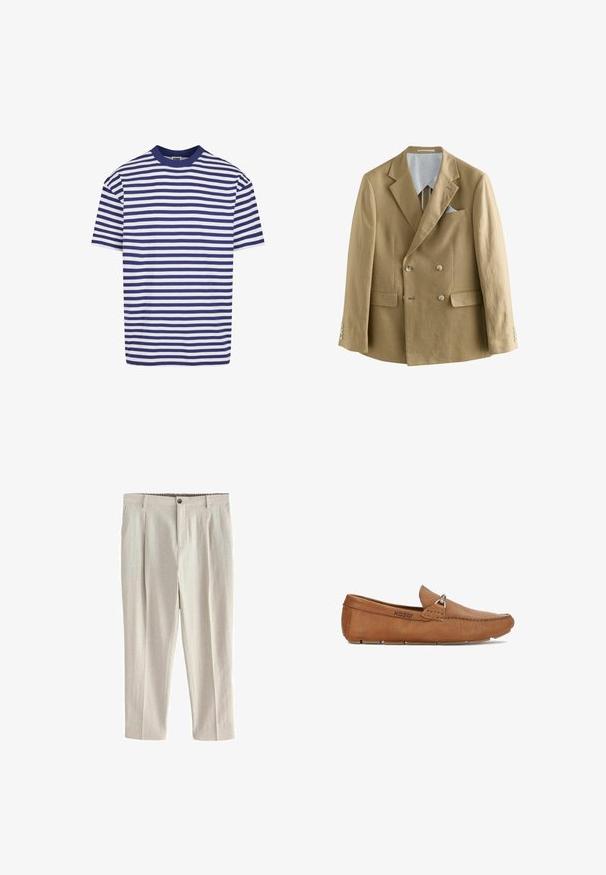 Doppelreihige Blazer aus hellbraunem Leinen, mit Reverskragen und zwei Fronttaschen. Verfügt über Knopfdetails und ein kontrastierendes Innenfutter.; Kurzärmliges gestreiftes T-Shirt mit navyblauen und weißen horizontalen Streifen, runder Ausschnitt, lockere Passform und weichem Baumwollmaterial.; Next REGULAR TAPERED FIT - PREMIUM HERRINGBONE WITH ELASTICATED WAIST - Chino - neutral; Braune Leder-Loafer mit abgerundetem Zehenbereich, dekorativem Metallelement und Gummisohle. Der Schaft weist gestickte Details und eine strukturierte Oberfläche auf.