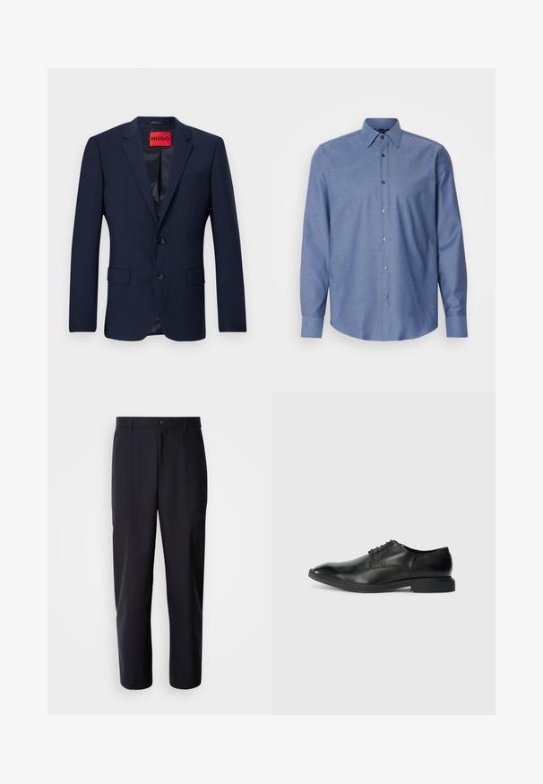 Marineblazer aus glattem Stoff, mit einem Zwei-Knopf-Verschluss, Reverskragen und zwei vorderen Taschen. Rotes Markenetikett innen.; Hellblaues Button-Down-Hemd mit regulärem Kragen, langen Ärmeln und kleinmusterigem Design. Verfügt über braune Knöpfe in der Vorderseite.; Dunkelblaue Hosen aus glattem Stoff, mit geradem Bein-Design, zwei Seiten Taschen und einem Knopfverschluss an der Taille.; Schwarze Lederdressschuhe mit glatter Textur, spitzer Zehenform, sechs Ösen-Schnürdesign und niedrigem rechteckigem Absatz. Dezentes Branding-Detail an der Seite.