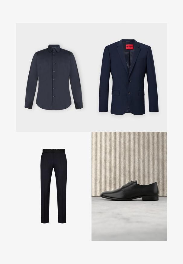 Musta bleiseri, joka on valmistettu sileästä kankaasta, jossa on kaksipainikeketju, lovet lapel-käänteet ja kaksi etutaskua. Sisällä punainen tuotemerkki.; Miesten tummansininen pitkähihainen nappipaita, jossa on terävä kaulus ja napilliset kalvosimet vaaleanharmaalla taustalla.; Merkkihousut, joissa on slim fit -suunnittelu, tasainen etuosa, vyölenkit ja sileä kangas. Sopii viralliseen pukeutumiseen.; Musta nahkakengät, joissa on tyylikäs muotoilu, pyöreä kärki, viisi rei'itettyä nauhoitusaukkoa ja pieni korotettu korko. Huomaamaton kohokuvioitu logo.