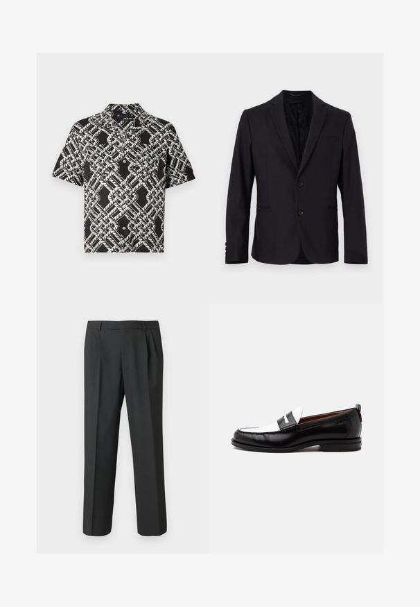 Blazer noir à design simple boutonnage, fermeture à deux boutons, revers crantés, poche avant et motif intérieur subtil. Tissu doux, coupe structurée.; Chemise noire à manches courtes avec un motif géométrique abstrait de feuilles blanches et deux poches poitrine.; Pantalon noir en tissu lisse, avec une coupe droite, un devant plissé et une taille standard avec passants pour ceinture.; Mocassin en cuir noir et blanc avec des détails cousus, un petit talon et un design slip-on, présenté de profil sur un fond uni.