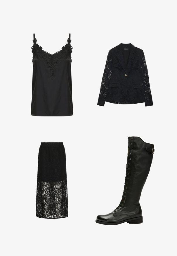 Schwarze Spitzenjacke mit floralem Muster, einreihiger Knopfverschluss mit goldenem Knopf, zwei Taschen und detaillierten Spitzenärmeln. Gefüttertes Innenfutter.; Schwarzes Top mit V-Ausschnitt und filigranen Spitzenverzierungen am Kragen. Mit Spaghetti-Trägern und einem glatten, leichten Stoff.; Schwarzer Spitzen-Maxikilt mit elastischem Bund, halbtransparenten Einsätzen, floralen Mustern und einem bodenlangen Design.; Schwarze Leder-Knöchelstiefel mit Schnürung vorne, silbernen Ösen und seitlichem Schnallenverschluss. Verfügt über eine strukturierte Oberfläche und einen gestapelten Absatz.