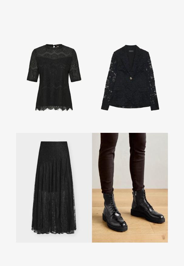 Schwarze Spitzenjacke mit floralem Muster, einreihiger Knopfverschluss mit goldenem Knopf, zwei Taschen und detaillierten Spitzenärmeln. Gefüttertes Innenfutter.; Schwarzes Spitzenoberteil mit kurzen Ärmeln. Verziert mit detaillierten floralem Mustern, einem gewellten Saum und einem Schlüssellochverschluss im Rücken. Semi-transparente Textur.; Schwarzer Spitzenrock mit fließendem, gestuftem Design. Verfügt über einen Taillenbund, zarte Blumenmuster und eine transparente Textur. Die Länge reicht bis zur Mitte der Waden.; Schwarze LederStiefeletten mit Brogue-Details, Schnürung, seitlichen Reißverschlüssen und strukturierten Gummi-Sohlen. Kombiniert mit dunklen Slim-Fit-Hosen.