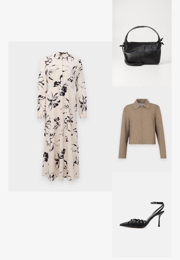 Brun cropped jakke med lynlås foran og bred krave, lange ærmer og et ensfarvet, tekstureret stof.; Lang beige kjole med sort blomstret tryk, lange ærmer, samlet talje og krave med knaplukning foran.; Sort spids hæl med bølgede kanter, metaløjer, snørelukning foran og ankelrem med spænde.; Sort læderhåndtaske med et struktureret design, rund tophåndtag og aftagelig skulderrem. Den har en glat tekstur og en subtil glans.