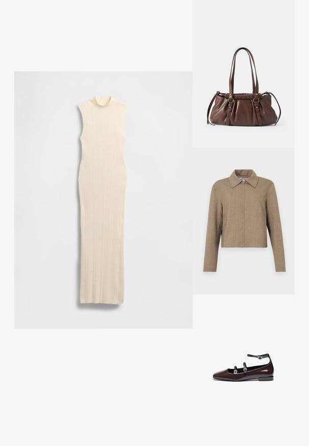 Veste courte brune avec fermeture éclair à l'avant et large col, manches longues, en tissu uni texturé.; Robe longue sans manches de couleur crème avec un col montant imitation. Texture côtelée, coupe moulante et silhouette longue jusqu'au sol.; Ballerines en cuir verni marron avec un bout pointu, présentant deux sangles réglables et des boucles en argent, ainsi qu'un petit talon carré.; Sac à main en cuir brun avec deux longues poignées, design froncé, accents en métal doré et finition texturée.