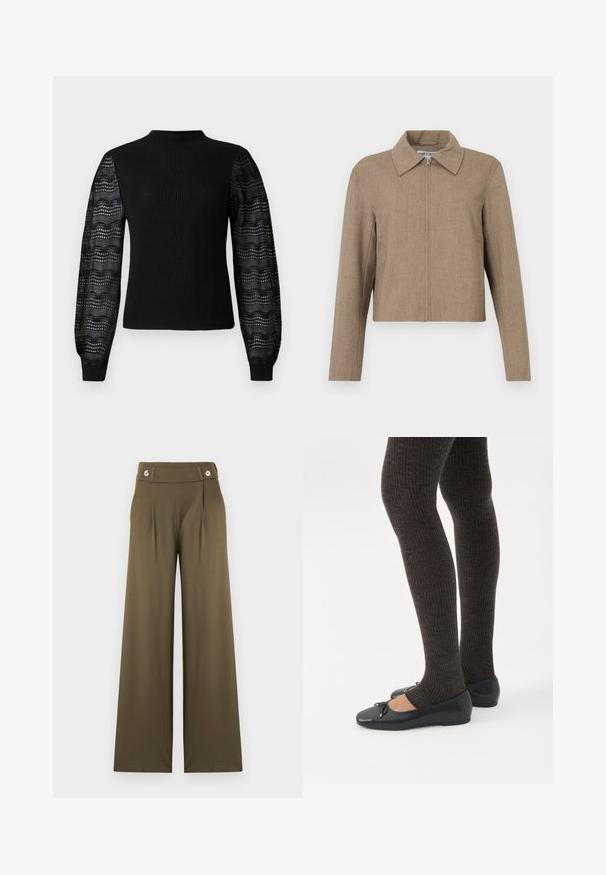 Veste courte brune avec fermeture éclair à l'avant et large col, manches longues, en tissu uni texturé.; Pull noir avec une texture côtelée et un col haut, doté de manches en dentelle transparente à motif et de poignets ajustés.; Pantalon taille haute, jambes larges, couleur vert olive, avec deux plis à l'avant et détails de boutons sur la ceinture.; Jambes portant des leggings côtelés foncés associés à des ballerines noires avec de petits détails en nœud sur fond blanc.