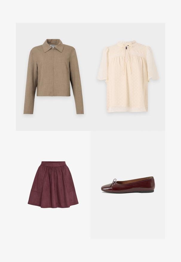 Brun cropped jakke med lynlås foran og bred krave, lange ærmer og et ensfarvet, tekstureret stof.; Lyse beige bluse med puffede ærmer, tekstureret stof med subtile prikker, nøglehulshalsudskæring med bånd og blondekant langs bærestykket.; Bordeaux ruskindsnederdel med en flagrende form, elastisk talje og to sidelommer, der har en blød tekstur og minimalistisk design.; Bordeaux patentlæder balletflad med rund tå, lille sløjfeaccent foran og en lav, sort gummisål. Glat tekstur.