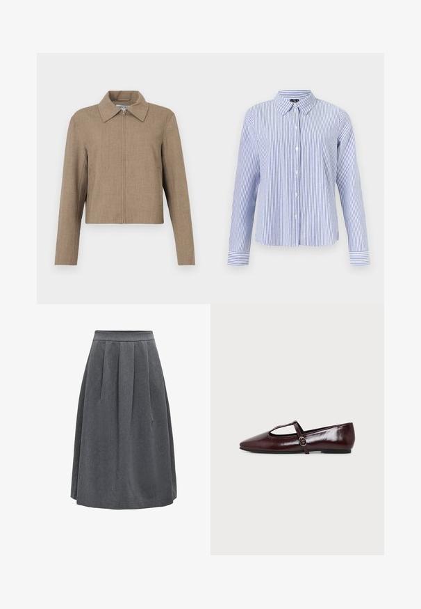 Veste courte brune avec fermeture éclair à l'avant et large col, manches longues, en tissu uni texturé.; Chemise à manches longues boutonnée, avec des rayures verticales blanches et bleu clair et un col pointu, présentée sur un fond uni.; Jupe plissée gris foncé de longueur moyenne avec une taille ajustée, conçue pour un usage décontracté ou professionnel.; Chaussure plate en cuir bordeaux foncé avec un bout pointu et une fine bride en T avec une boucle argentée sur fond blanc.
