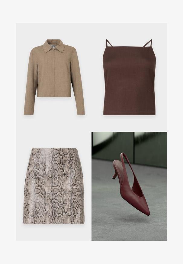 Brun cropped jakke med lynlås foran og bred krave, lange ærmer og et ensfarvet, tekstureret stof.; Brun, ærmeløs top med tynde stropper; lavet af et glat, mat stof; boksformet snit med lige kant; minimalistisk design uden mønstre.; En tætsiddende miniskørt med en blank, struktureret faux slangeskindsprint i nuancer af beige og sort, med en glat overflade og uden synlige lukninger.; Burgunderfarvet læder slingback kitten heel med spids tå, svævende over en grå tekstureret overflade foran en mørkegrøn væg.