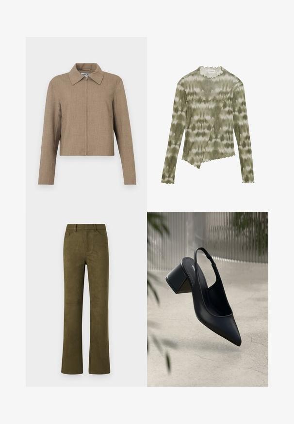 Brun cropped jakke med lynlås foran og bred krave, lange ærmer og et ensfarvet, tekstureret stof.; Langærmet, grøn tie-dye top med en bølgemønsteret halsudskæring og kant. Har en diagonal søm med teksturerede detaljer i et blødt, let stof.; Oliven grøn ruskinds lige ben bukser med bælteløkker, frontlommer og en baglomme på hvid baggrund.; Sort læder slingback hæl med spids tå og blokhæl. Glat tekstur, minimalistisk design og justerbar ankelrem.