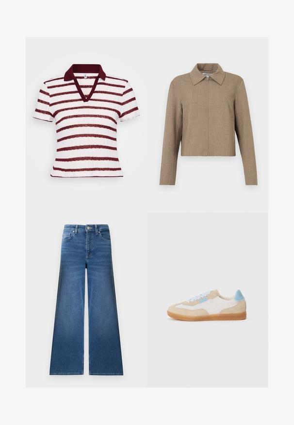 Veste courte brune avec fermeture éclair à l'avant et large col, manches longues, en tissu uni texturé.; Polo rayé avec un décolleté en V profond, des manches courtes et un col bordeaux. Il présente des rayures larges blanches et bordeaux alternées dans un tissu texturé.; Jean en denim bleu à jambes larges avec poches avant et arrière, passants pour ceinture et fermeture par bouton.; Baskets en daim beige et dentelle blanche avec des accents bleu clair, lacets plats, et une semelle en gomme texturée. Présente un design à profil bas.