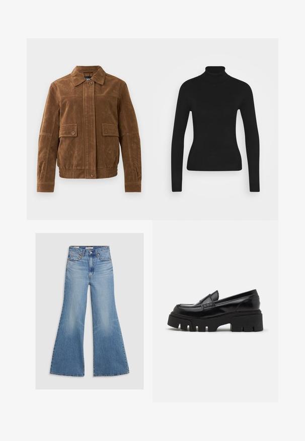 Brun ruskindjakke med spids krave, to frontlommer med klap og knapper, elastisk kant og knaplukning foran.; Sort turtleneck sweater med lange ærmer, lavet af et glat strikket stof. Har et tætsiddende design og en ribbet krave.; Lysvasket denim flared jeans med høj talje, frontlommer og bronze hardware. Stoffet har en falmet tekstur med en glat finish.; Sorte læder loafers med en chunky, tekstureret platformssål og en dekorativ rem over toppen. Glat, blank finish.