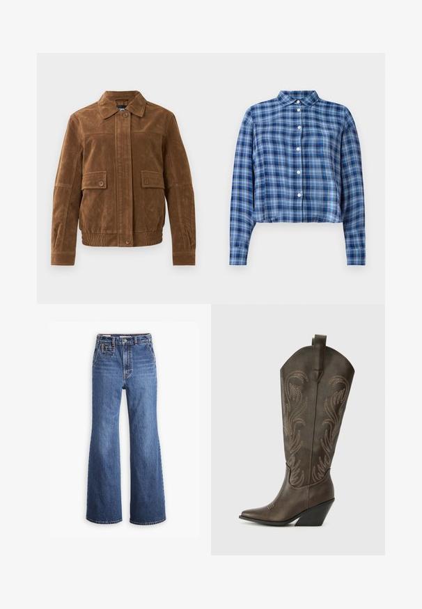 Brun ruskindjakke med spids krave, to frontlommer med klap og knapper, elastisk kant og knaplukning foran.; Blå og sort ternet langærmet cropped skjorte med spidse kraver og hvide knapper ned ad fronten på en hvid baggrund.; Højtaljede blå denimjeans med bred ben-design, som har en frontlomme, messingknaplukning og kontrastsyninger.; Brune læder cowboystøvle med spids tå, kilehæl og dekorativ broderi. Har en høj stok og en trækflap.