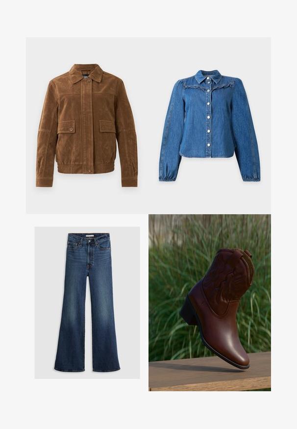 Braune Wildlederjacke mit spitzem Kragen, zwei vorderen Klappentaschen mit Knöpfen, elastischem Saum und knopfverschlossenem Frontverschluss.; Blaue Denim-Bluse mit langen Puffärmeln, silbernen Knöpfen vorne, kleinem Kragen und Rüschendetail über der Brust.; Weite Jeans aus dunkelblauem Denim mit hoher Taille, Fünf-Taschen-Design und kontrastierenden Nähten entlang der Nähte und des Bunds.; Brauner Cowboystiefel aus Leder mit dekorativer Naht, schräg nach oben auf einer Holzoberfläche mit unscharfem grünem Gras im Hintergrund.