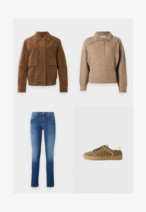 Bruine suede jas met een puntige kraag, twee frontflapzakken met knopen, elastische zoom en een knoopsluiting aan de voorkant.; Bruine trui met een kraaghalslijn, geribde manchetten en zoom. Met een knoopsluiting aan de voorkant en een zachte textuur.; Blauwe denim jeans met een slim fit, een middelhoge taille, vijf zakken en een lichte vervaging van bovenbeen tot zoom.; ONLY SHOES ONLSIBU-1 RETRO - Sneakers laag - brown/black