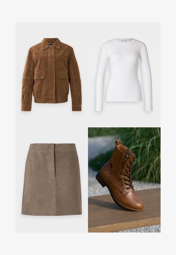Braune Wildlederjacke mit spitzem Kragen, zwei vorderen Klappentaschen mit Knöpfen, elastischem Saum und knopfverschlossenem Frontverschluss.; Weißes Langarmhemd aus geripptem Stoff mit Rundhalsausschnitt und taillierter Form. Keine Muster oder Akzente sind vorhanden.; Taupe-farbenen, knielangen Wildlederrock mit geradem Schnitt und einer verdeckten Nahtdetail an der Vorderseite vor einem schlichten Hintergrund.; Brauner Leder-Stiefelette mit seitlichem Reißverschluss und Schnürsenkeln, auf einer Holzoberfläche im Freien platziert, mit unscharfem Grün im Hintergrund.