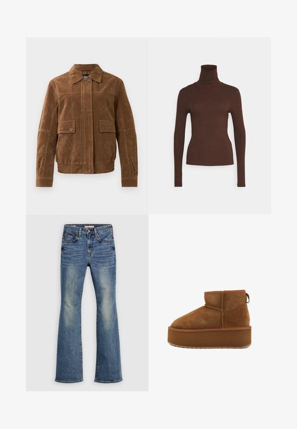 Brun ruskindjakke med spids krave, to frontlommer med klap og knapper, elastisk kant og knaplukning foran.; Pieces PCKITTE ROLLNECK - Langærmet T-shirt - chicory coffee; Blå flare jeans i denim med let falmning, fem-lommer design, metalbeslag og sydd kant, der har en klassisk pasform og glat tekstur.; Brune ruskindsankelstøvle med en rund tå og en platformsål. Har en lille hæl og en løkke for nem påtagning. Tekstureret overflade med syningsdetaljer.