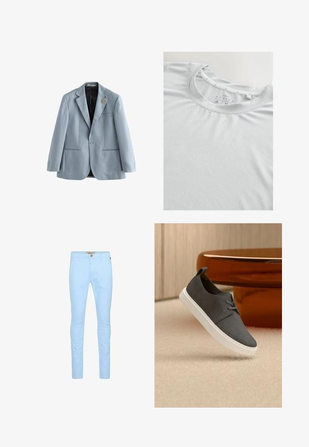 Lyseblå blazer med én knap, notched revers, to forlommer og en dekorativ rund broche på venstre revers.; Lys grå aktive T-shirt lavet af struktureret stof, med rund halsudskæring og subtile trekantede detaljer på kraven.; Lyseblå bomulds chinos med slim fit, der har en frontknaplukning, bæltestropper og en glat tekstur. Ingen synlige mønstre eller detaljer.; Mørkegrå afslappet sneaker med hvid sål, svævende over beige tæppe, med et skinnende brunt sofabord i baggrunden.