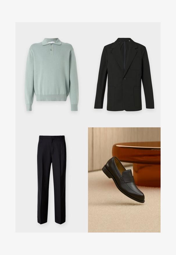 Blazer negro con solapa muesca, un solo botón, dos bolsillos frontales y un bolsillo en el pecho. Hecho de una tela suave con un diseño minimalista.; Suéter de punto verde claro con cuello tipo polo, dos botones, puños y dobladillo acanalados. Textura suave y ajuste relajado.; Pantalones negros hechos a medida con corte recto, pinzas delanteras y bolsillos laterales. Elaborados con una tela suave y ligera con un patrón sólido.; Zapato mocasín de cuero negro con tacón bajo flotando sobre suelo alfombrado beige cerca de una mesa redonda marrón.