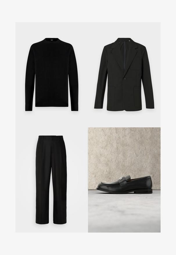 Blazer negro con solapa muesca, un solo botón, dos bolsillos frontales y un bolsillo en el pecho. Hecho de una tela suave con un diseño minimalista.; Sudadera negra de manga larga con cuello redondo, de diseño sencillo y sólido, con una pequeña etiqueta de la marca en el interior del cuello.; Pantalones negros con corte recto, textura suave, pliegues frontales y cintura estándar. Diseño minimalista sin patrones adicionales.; Mocasín de cuero negro con una placa metálica de marca apoyado cerca de una mesa redonda marrón sobre un suelo alfombrado beige.