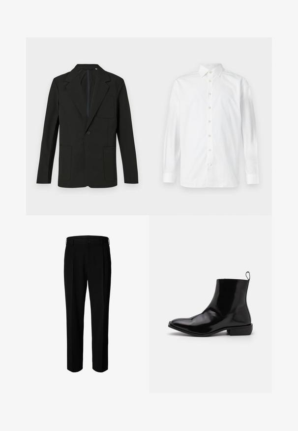 Blazer noir avec un revers cranté, un bouton unique, deux poches avant et une poche poitrine. Fabriqué en tissu lisse avec un design minimal.; Chemise blanche à manches longues avec boutons, col à l'italienne et poignets boutonnés, présentée sur un fond blanc uni.; Pantalon formel noir avec passants pour ceinture, bouton frontal et fermeture éclair, présenté sur fond blanc.; Zign STUDIO by Zalando LEATHER - Bottines - black