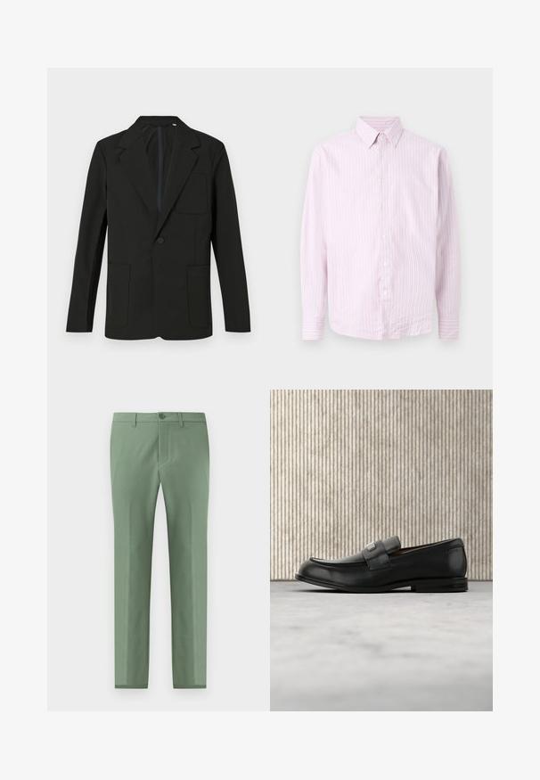 Blazer negro con solapa muesca, un solo botón, dos bolsillos frontales y un bolsillo en el pecho. Hecho de una tela suave con un diseño minimalista.; Camisa de manga larga con botones, rayas verticales en rosa claro y blanco, con cuello abotonado, mostrada de frente sobre un fondo neutro.; Pantalones ajustados en suave tejido texturizado de color verde claro. Cuentan con un cierre de botón único y bolsillos laterales inclinados. Acabado liso en toda su superficie.; Mocasín de cuero negro con una placa metálica de marca apoyado cerca de una mesa redonda marrón sobre un suelo alfombrado beige.
