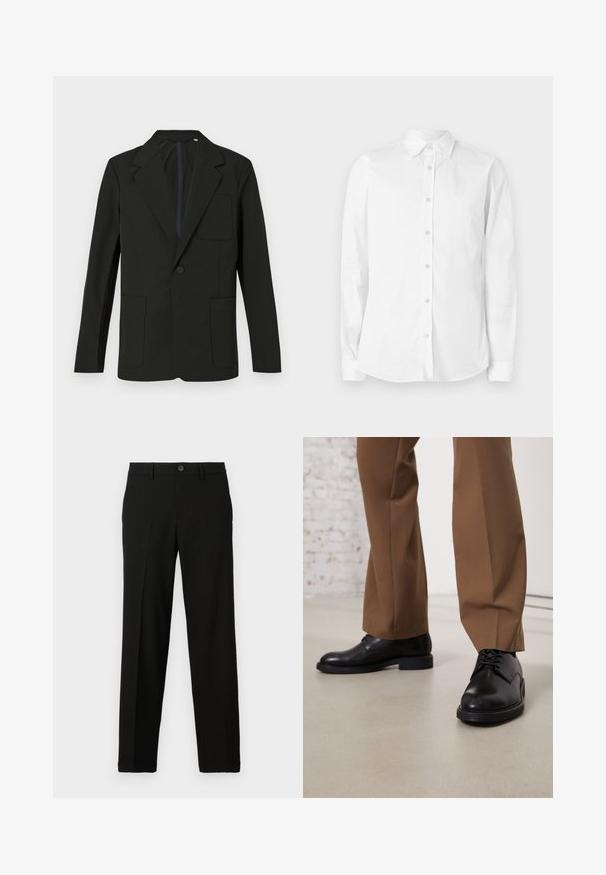Schwarzer Blazer mit Reverskragen, einem Knopf, zwei Fronttaschen und einer Brusttasche. Hergestellt aus glattem Stoff mit einem minimalistischen Design.; Weißes, langärmliges Hemd aus Baumwolle mit Knöpfen. Verfügt über einen spitzen Kragen und ein kleines, gesticktes Logo auf der Brust. Glatte Textur.; Schwarze Hose aus glattem Stoff, mit geradem Schnitt, einem Knopfverschluss an der Taille und ohne sichtbare Muster oder Akzente.; Schwarze Lederschuhe mit glatter Oberfläche und runder Zehenpartie, mit Schnürverschluss und einer flachen, niedrigen Sohle. Kombiniert mit braunen Hosen.