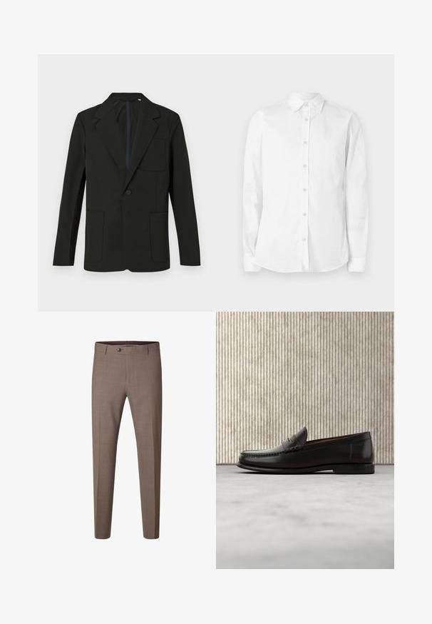 Schwarzer Blazer mit Reverskragen, einem Knopf, zwei Fronttaschen und einer Brusttasche. Hergestellt aus glattem Stoff mit einem minimalistischen Design.; Weißes, langärmliges Hemd aus Baumwolle mit Knöpfen. Verfügt über einen spitzen Kragen und ein kleines, gesticktes Logo auf der Brust. Glatte Textur.; Braune Slim-Fit formelle Hose mit Knopf und Gürtelschlaufen, vor weißem Hintergrund dargestellt.; Schwarzer Pennyloafer aus Leder mit niedrigem Absatz, abgerundeter Spitze und genähten Details vorne und an den Seiten, gezeigt vor neutralem Hintergrund.