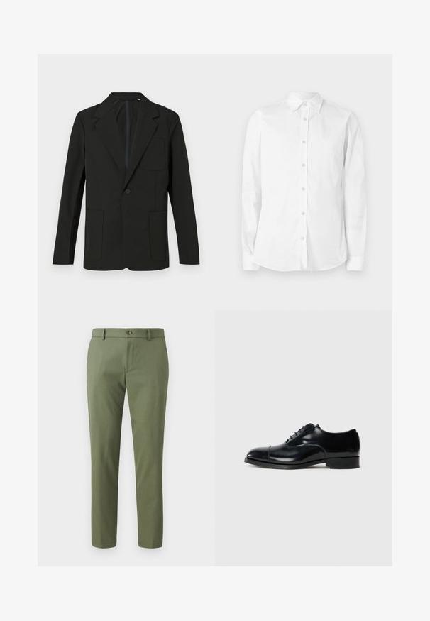 Schwarzer Blazer mit Reverskragen, einem Knopf, zwei Fronttaschen und einer Brusttasche. Hergestellt aus glattem Stoff mit einem minimalistischen Design.; Weißes, langärmliges Hemd aus Baumwolle mit Knöpfen. Verfügt über einen spitzen Kragen und ein kleines, gesticktes Logo auf der Brust. Glatte Textur.; Grüne Hosen aus strukturiertem Stoff, mit schmalem Schnitt, geraden Beinen und einem Frontknopfverschluss. Geeignet für Freizeit- oder formelle Anlässe.; Schwarze Leder-Dressschuhe mit polierter Oberfläche, runder Zehenform, Schnürdesign und niedrigem gestapeltem Absatz, versehen mit einer dezenten Nahtdetail.