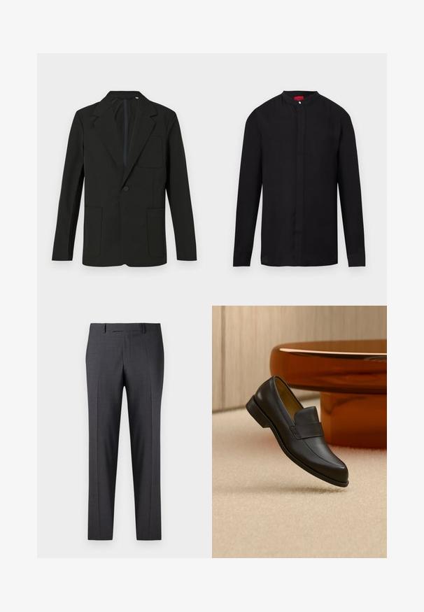Sort blazer med klapkrave, enkelt knap, to frontlommer og en brystlomme. Lavet af glat stof med et minimalistisk design.; Sort langærmet skjorte med mandarinkrave og skjult knaplukning, vist på hvid baggrund.; Skræddersyede mørkegrå bukser i et glat, tekstureret stof; har flad front og lige ben; minimalistisk design uden synlige detaljer.; Sort læder loafers med lav hæl svævende over beige tæppe ved rundt brunt bord.