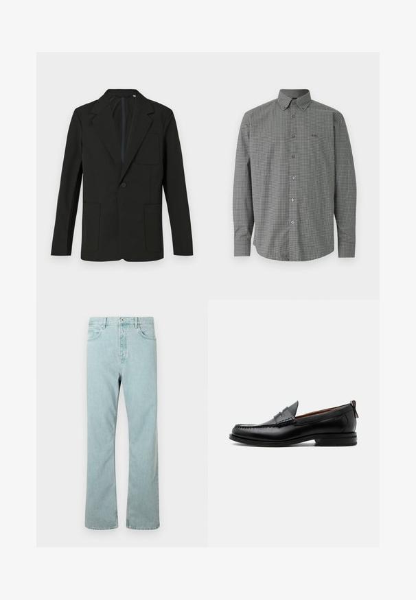 Zwarte blazer met een gelapte revers, één knoop, twee voorzakken en een borstzak. Gemaakt van gladde stof met een minimalistisch ontwerp.; Grijs overhemd met lange mouwen, fijn wit ruitpatroon en kraag, met BOSS-logo geborduurd op de linkerborst.; Lichtblauwe denim jeans met een rechtvallende pijp, vijf zakken en een enkele knoopsluiting. Afgewerkt met subtiele stikseldetails.; Zwarte leren herensloffen met moc toe stiksel, pennyriem, gestructureerde kraag en lage gestapelde hak op witte achtergrond.