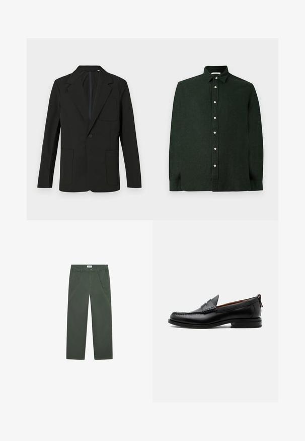 Zwarte blazer met een gelapte revers, één knoop, twee voorzakken en een borstzak. Gemaakt van gladde stof met een minimalistisch ontwerp.; Donkergroene overshirt met lange mouwen, gemaakt van gestructureerde stof, met een knoopsluiting aan de voorkant en een klassieke kraag. Eenvoudig ontwerp zonder patronen.; Donkergroene katoenen broek met een rechte pijpdesign, voorzakken en een knoopsluiting bij de taille. Glad oppervlak, geen patronen.; Zwarte leren herensloffen met moc toe stiksel, pennyriem, gestructureerde kraag en lage gestapelde hak op witte achtergrond.