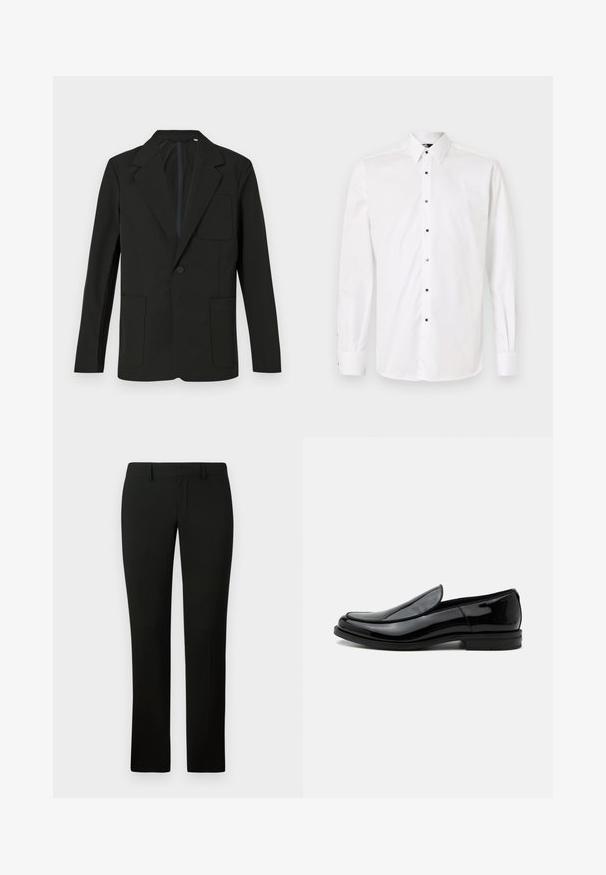 Blazer negro con solapa muesca, un solo botón, dos bolsillos frontales y un bolsillo en el pecho. Hecho de una tela suave con un diseño minimalista.; Camisa blanca de manga larga con botones, que presenta un cuello clásico, pequeños botones cuadrados en la parte delantera y puños con cierres de botón.; Pantalones negros con un corte a medida, que presentan una textura suave y un diseño de pierna recta. La cintura tiene pasadores para cinturón y un acabado limpio.; Zapato de vestir negro de piel brillante tipo slip-on con tacón bajo y punta redondeada, visto de lado sobre un fondo blanco liso.
