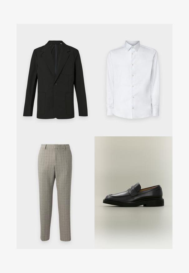 Blazer noir avec un revers cranté, un bouton unique, deux poches avant et une poche poitrine. Fabriqué en tissu lisse avec un design minimal.; Chemise blanche à manches longues en tissu lisse, dotée d'un col classique, d'une patte de boutonnage et de poignets avec boutons, présentée sur un fond uni.; Pantalon en tissu beige clair avec un motif à carreaux marron foncé et bleu marine, coupe droite et taille standard.; Mocassin homme en cuir noir avec un petit talon et une bride sur le dessus, montré de profil sur un fond neutre.