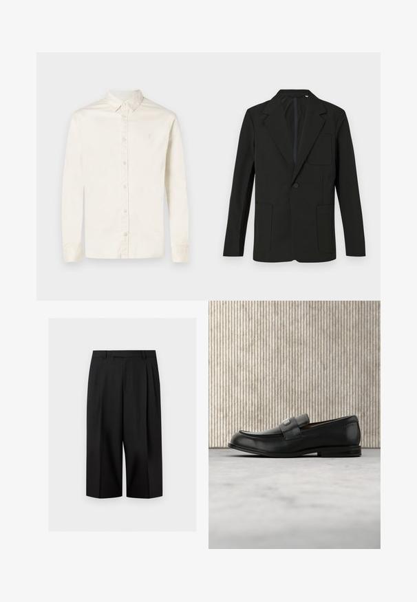 Sort blazer med klapkrave, enkelt knap, to frontlommer og en brystlomme. Lavet af glat stof med et minimalistisk design.; Herre langærmet skjorte i off-white med knaplukning, spidse krave og en diskret broderet logo på venstre bryst.; Sorte vidde cropped bukser med bæltestropper og forreste læg, vist mod en ensfarvet lys baggrund.; Sort læderloafer med metalbrandskilt hvilende nær et brunt rundt bord på beige tæppe.