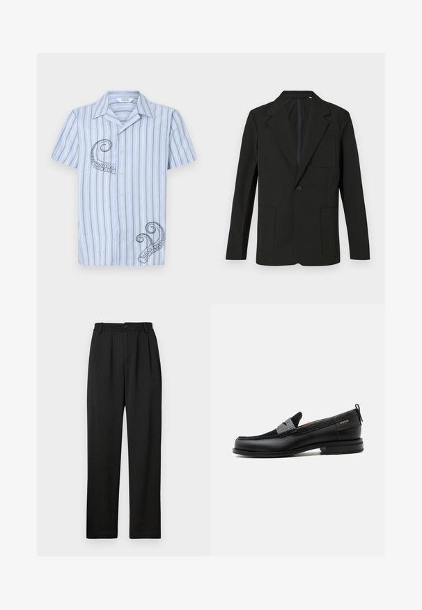 Blazer negro con solapa muesca, un solo botón, dos bolsillos frontales y un bolsillo en el pecho. Hecho de una tela suave con un diseño minimalista.; Camisa de manga corta a rayas en azul claro con bordado de pulpo negro en el lado izquierdo y diseño de botones en el frente.; Pantalones negros con un patrón texturizado, que presentan una cintura ancha con un botón y pliegues delanteros para un ajuste entallado. Diseño de pierna recta.; Mocasín de cuero negro con detalle de tira gris, tacón bajo y suela texturizada, con la marca "HUGO" en oro en el lateral.