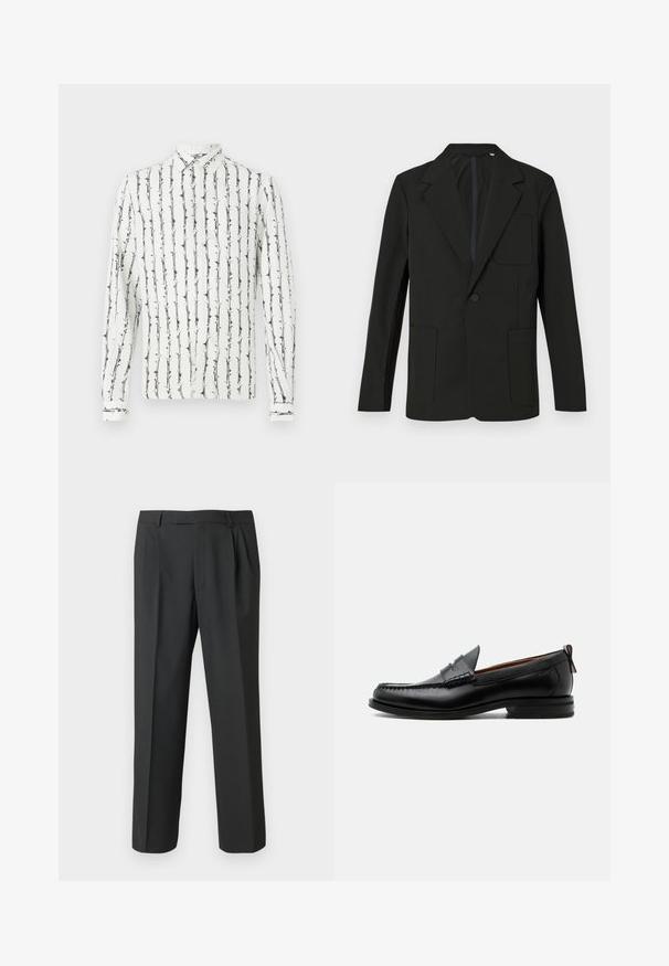 Sort blazer med klapkrave, enkelt knap, to frontlommer og en brystlomme. Lavet af glat stof med et minimalistisk design.; Hvid skjorte med knapper, prydet med sorte lodrette striber og et blomstermønster. Lange ærmer med knapmanschetter. Fremstillet af et let materiale.; Sorte bukser lavet af glat stof med et lige ben-design, plisseret forside og standard linning med bæltestropper.; Sort læder herre loafer med moc-tå syning, penny strop, struktureret krave og lav stablet hæl på hvid baggrund.