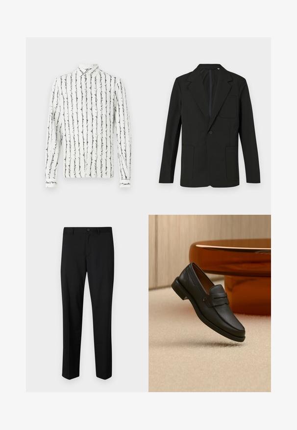 Sort blazer med klapkrave, enkelt knap, to frontlommer og en brystlomme. Lavet af glat stof med et minimalistisk design.; Hvid skjorte med knapper, prydet med sorte lodrette striber og et blomstermønster. Lange ærmer med knapmanschetter. Fremstillet af et let materiale.; Sorte skræddersyede bukser med flad front, standard talje og lige ben. Lavet af glat stof, med en enkelt knaplukning.; Sort læder herreloafer med bånd tværs over toppen, vist på beige tæppe nær et brunt moderne rundt bord.