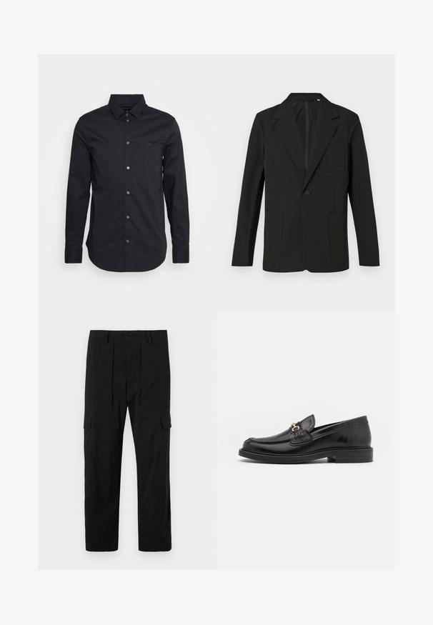 Blazer negro con solapa muesca, un solo botón, dos bolsillos frontales y un bolsillo en el pecho. Hecho de una tela suave con un diseño minimalista.; Camisa negra de manga larga y botonadura, confeccionada en una tela suave, con un cuello clásico, mangas de longitud completa y un pequeño logo en el pecho.; Pantalones cargo negros hechos de tejido ligero, con un diseño de pierna recta, pliegues delanteros, bolsillos laterales y cierre de botón.; Mocasines de cuero negro con punta redondeada, que cuentan con un detalle de herrajes dorados y costuras, situados sobre una suela de goma texturizada y baja.