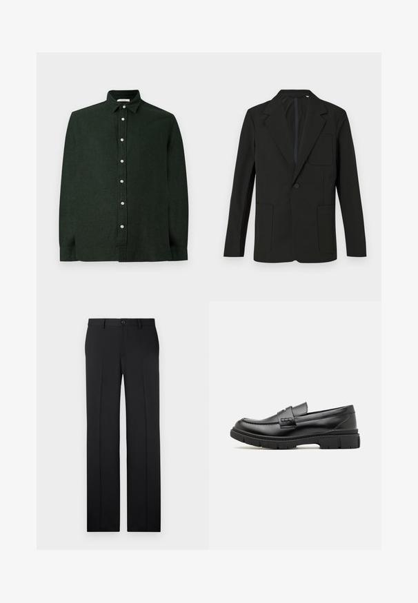 Sort blazer med klapkrave, enkelt knap, to frontlommer og en brystlomme. Lavet af glat stof med et minimalistisk design.; Mørkegrøn langærmet skjorte lavet af struktureret stof, med en knaplukning fortil og en klassisk krave. Ensfarvet design uden mønstre.; Sorte, skræddersyede bukser med lige ben, glat stof, pressefolder foran og en enkelt knaplukning i taljen.; Sort læder loafersko med en bred rem over forfoden, gummisål med tykke mønstre og glat overflade. Klassisk, slankt design.